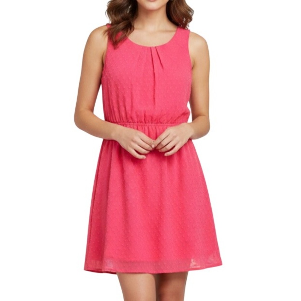 ELLE Lined CHIFFON Pink SWISS DOTS Pleated Neckline SLEEVELESS Blouson Dress 6